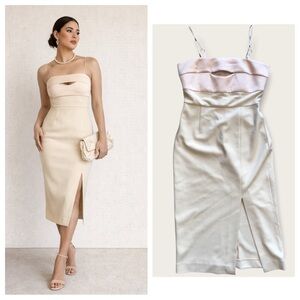Cream Bodycon Midi Dress Size 4 Old Money Wedding Guest Minimalist Glam